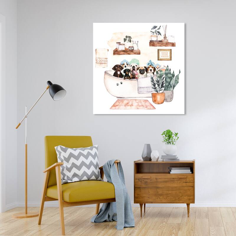 Wynwood Studio Canvas Bath and Laundry Dogs in The Bath Tub White and Cream White Modern & Contemporary Wall Art Canvas Print - 30 x 30