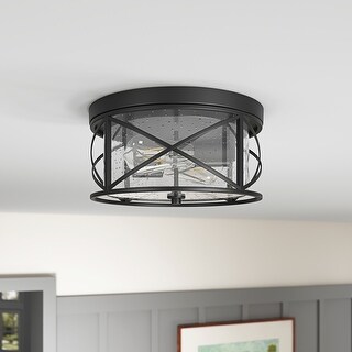 Rustic 2-Light Metal Frame Flush Mount Close to Ceiling Light with ...