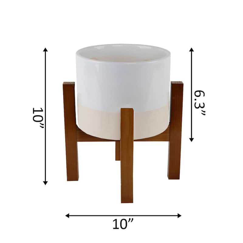 MID-CENTURY 8" Large 2-Tone Ceramic Plant Pot on Wood Stand