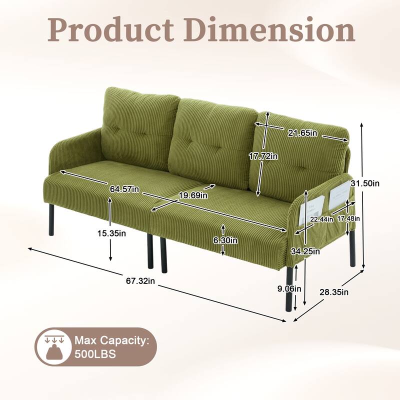 HOMEFUN Corduroy Upholstered Oversized Wood Frame Loveseat Sofa with Metal Legs and Side Pockets
