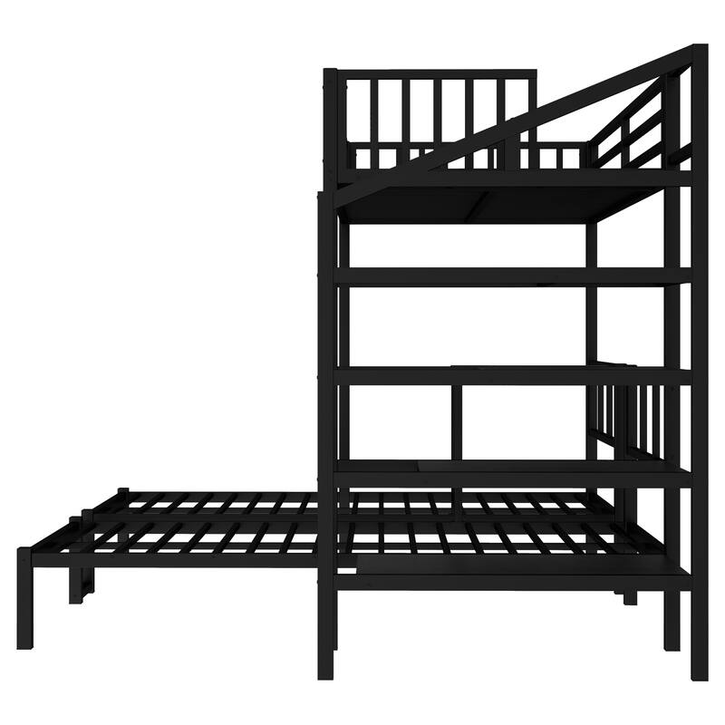 Roomfitters Twin XL over Twin & Twin Metal Triple Bunk Bed with Desk & Shelves, Space-Saving, Noise-Reduced Frame, Black