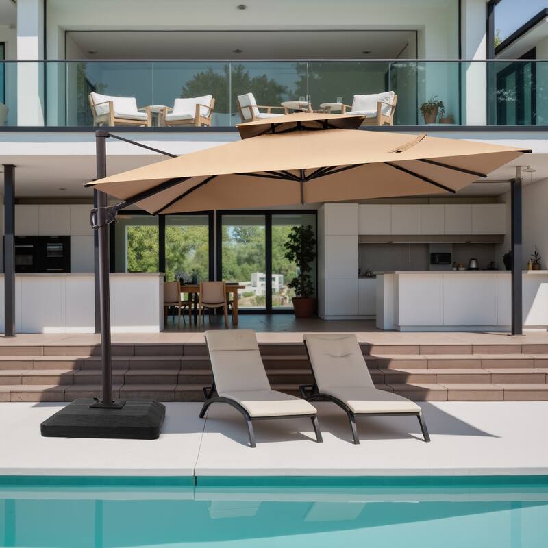 11 x 11 ft Patio Cantilever Offset Umbrella 360 Degree Rotation with Base - Tan