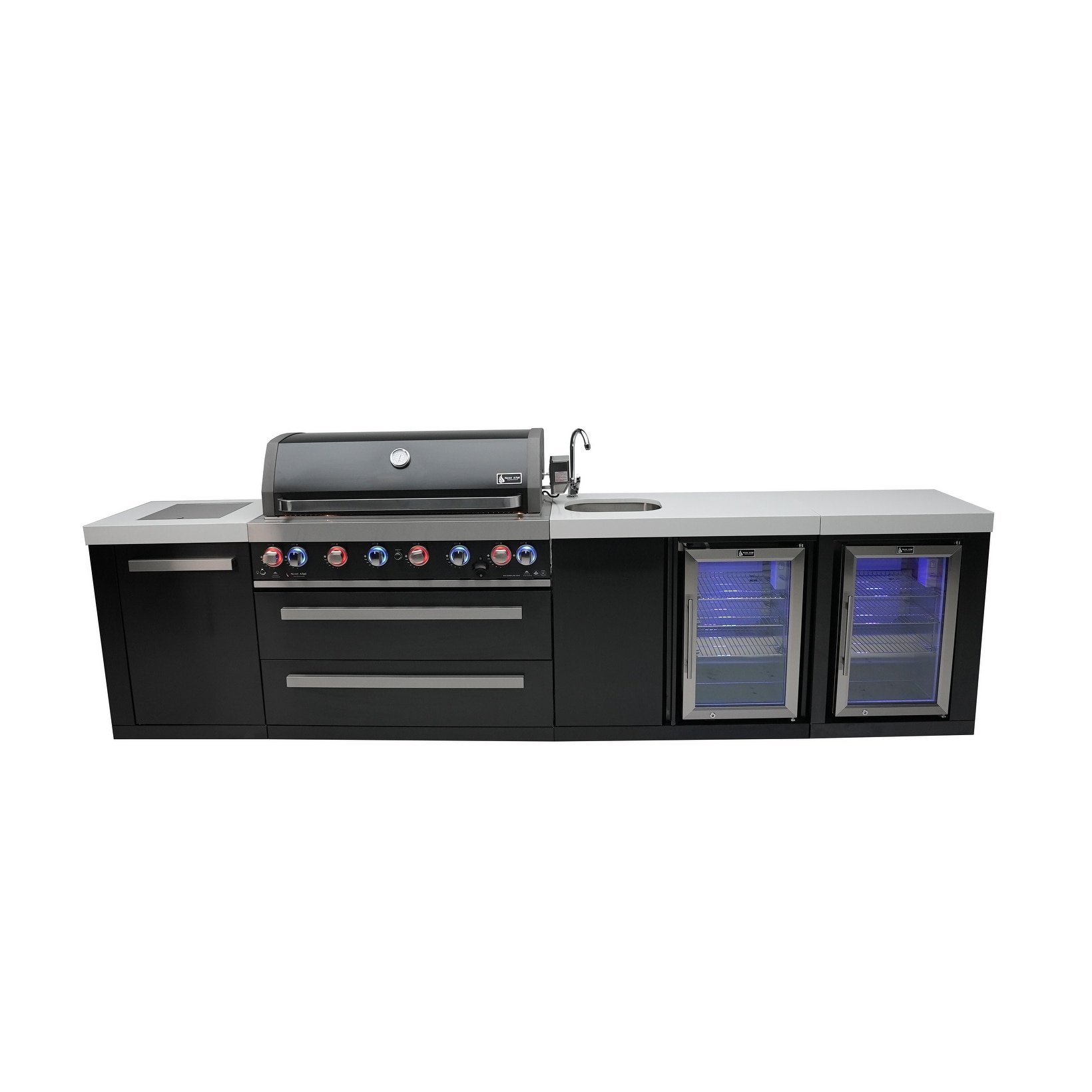 Mont Alpi 132"W Black Stainless Steel Premium Outdoor Kitchen Island + 2 Refrigerators + Faucet & Sink + 44"W 6-Burner BBQ Grill