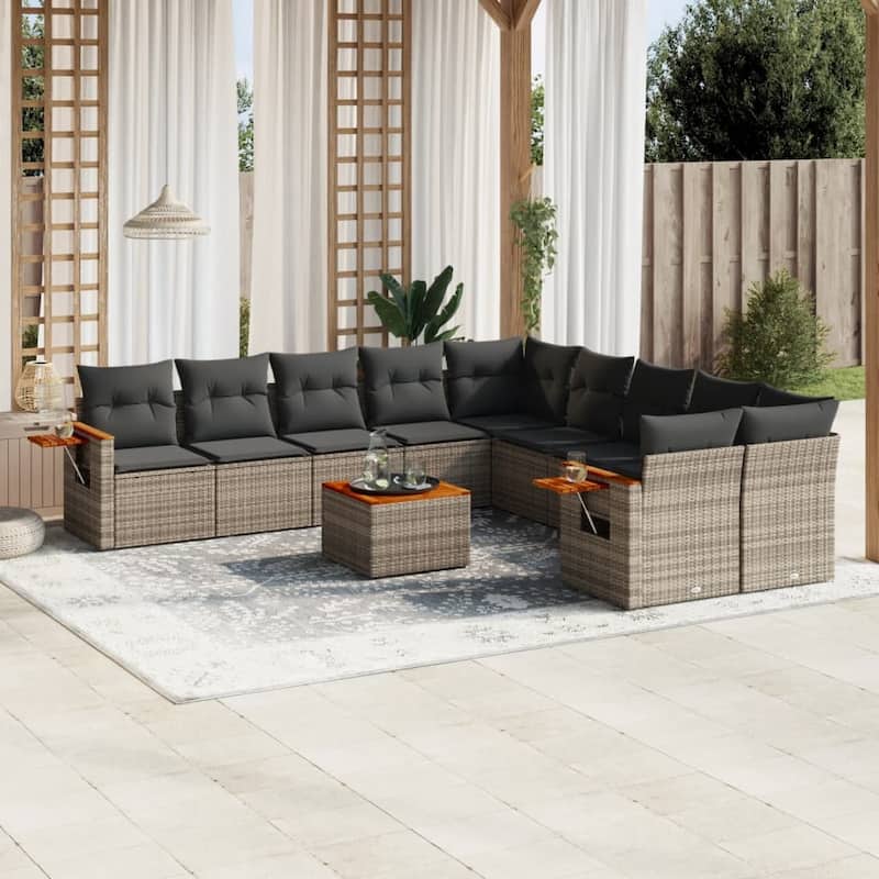 vidaXL Patio Sofa Set with Cushions Outdoor Conversation Furniture Poly Rattan - 24.4 x 33.5 x 27.2 in - Grey with table