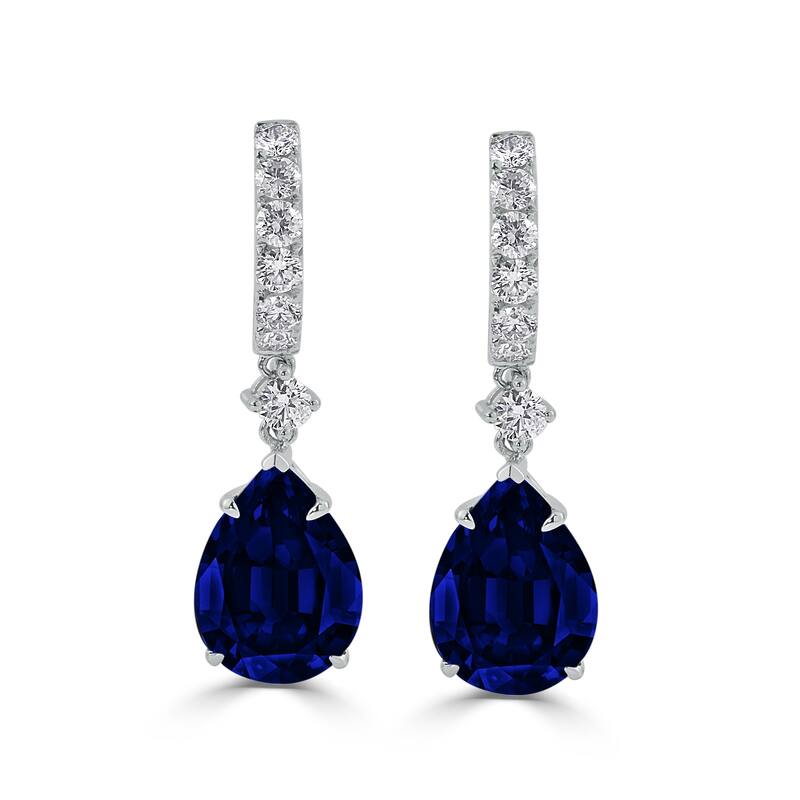 18k Gold Pear Shaped 13 3/4ct Blue Sapphire and 1ct TDW Diamond Dangle Earrings by Auriya