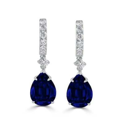 18k Gold Pear Shaped 13 3/4ct Blue Sapphire and 1ct TDW Diamond Dangle Earrings by Auriya