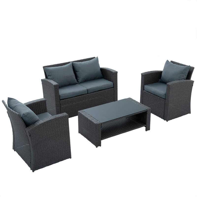 4 PCS Dark Grey Patio Furniture Set with PE Wicker Sofa, Loveseat Set, Chairs, and Tempered Glass Table