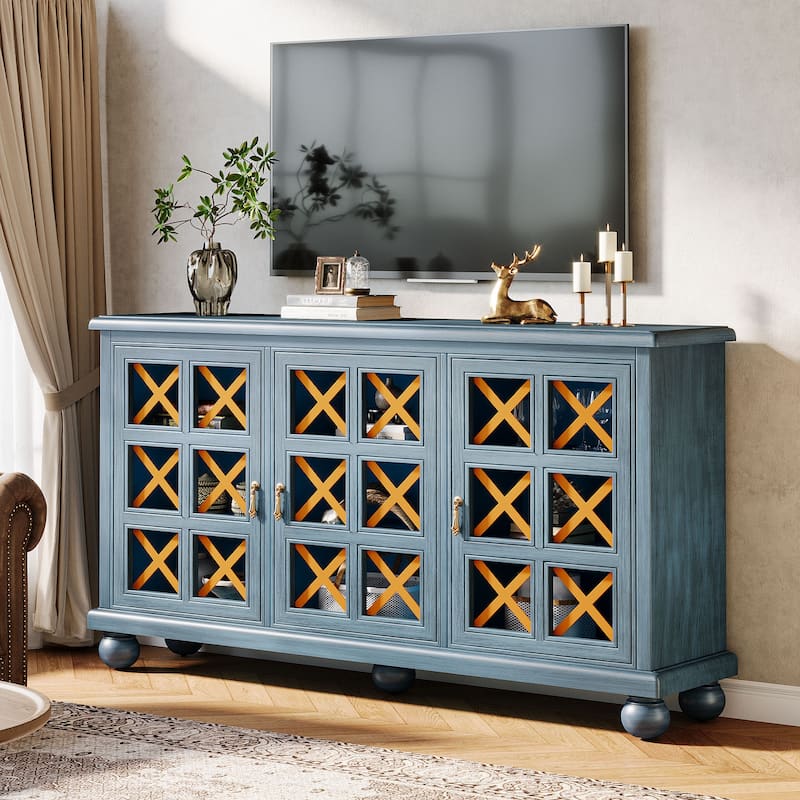Blue Sideboard Buffet Cabinet with Storage and Doors for Living Room