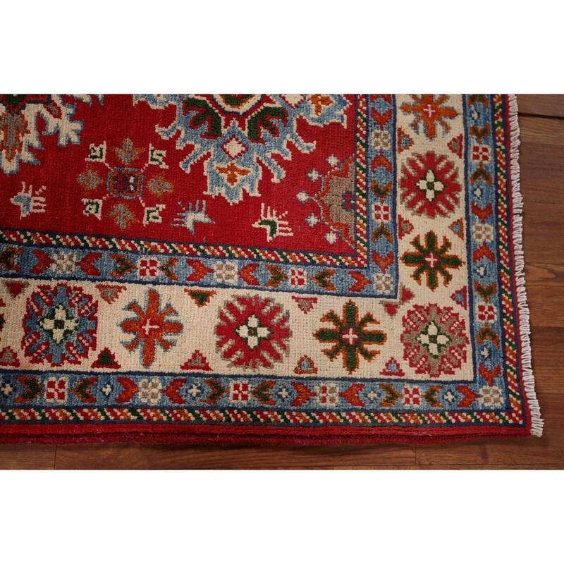Geometric Kazak Foyer Rug Hand-Knotted Red Wool Carpet - 2'8" x 3'11"