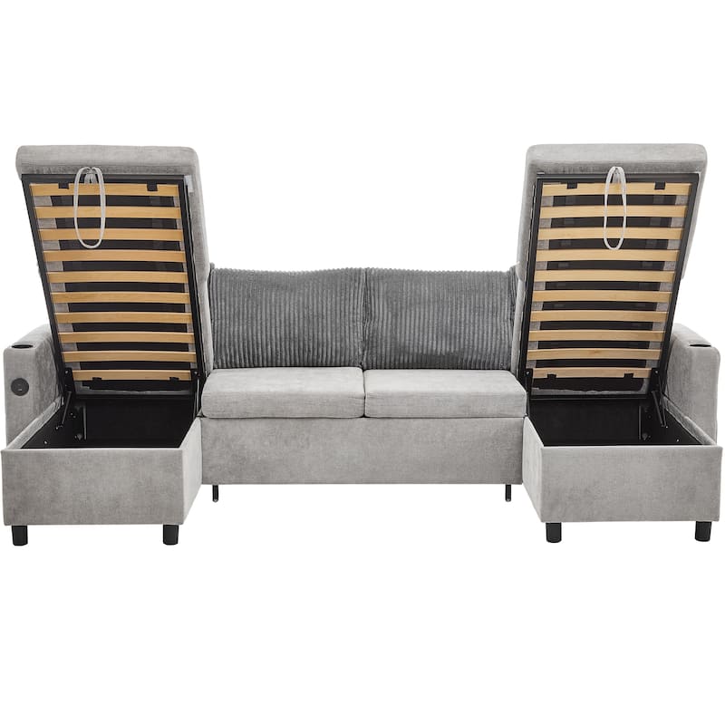 111.8" Chenille Sectional Sleeper Sofa U-Shaped Convertible Sofa Bed with Storage Chaise and USB Ports