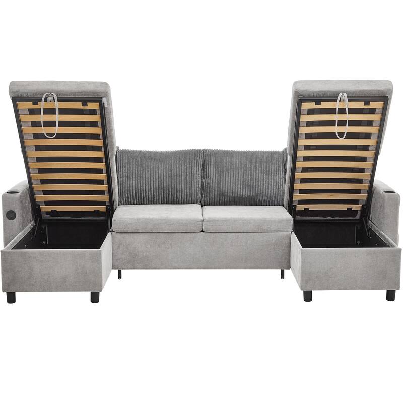 Sectional Sofa Pull-out Sofa Bed with Large Storage Space, 2 USB Ports and 2 Cup Holders Chenille Tufted Couch