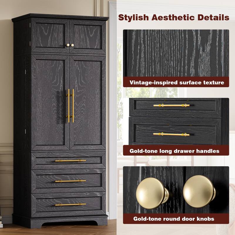 Freestanding Pantry Cabinet, Tall Storage Cupboard with 8 Door Shelves, 3 Adjustable Shelves, 3 Large Drawers, Kitchen Hutch