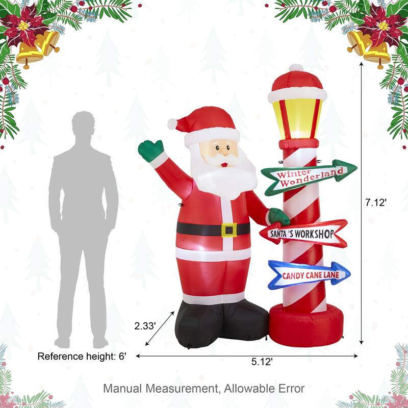 Glitzhome 7FT Lighted Inflatable Santa with Lamp Post Sign Decor