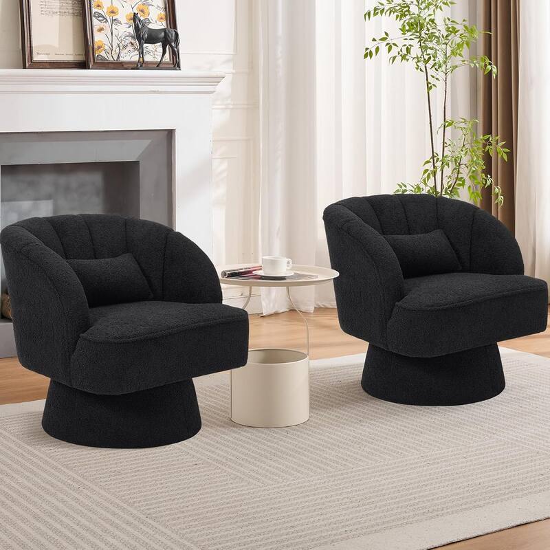 Modern Swivel Barrel Accent Chair, 360° Upholstered Armchair with Striped Backrest & Plush Padding(Set of 2) - Black