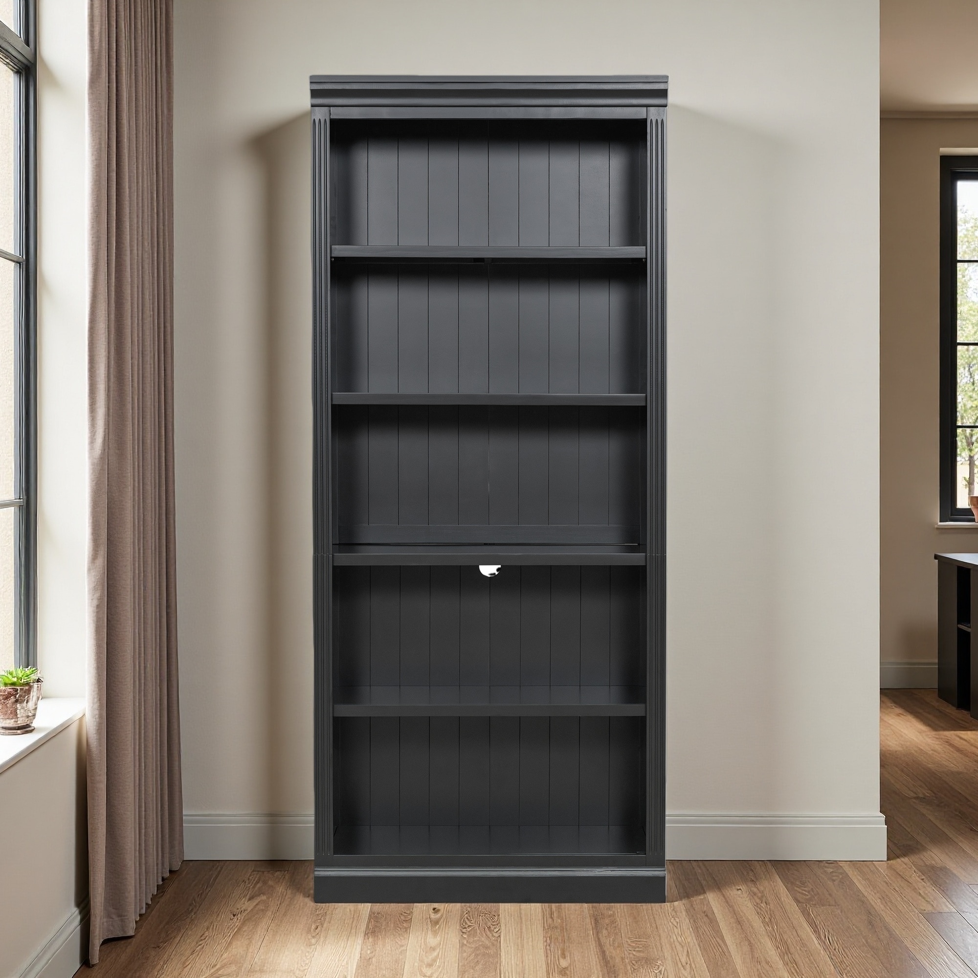 83.4"H Wood Bookcase, LED Light Strip, 5-Tier Adjustable, Free-Standing Storage