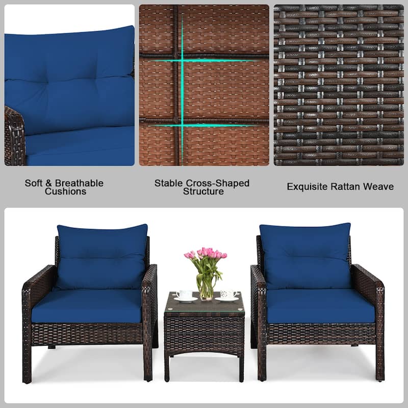 Gymax 3PCS Rattan Patio Conversation Furniture Set Yard Outdoor w/