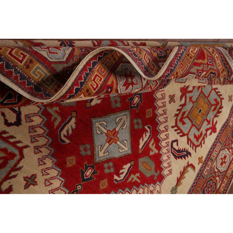 Hand Knotted Oriental 100% Wool Carpet Traditional Geometric Yellow & Gold Kazak Area Rug - 9' 8'' X 6' 5''