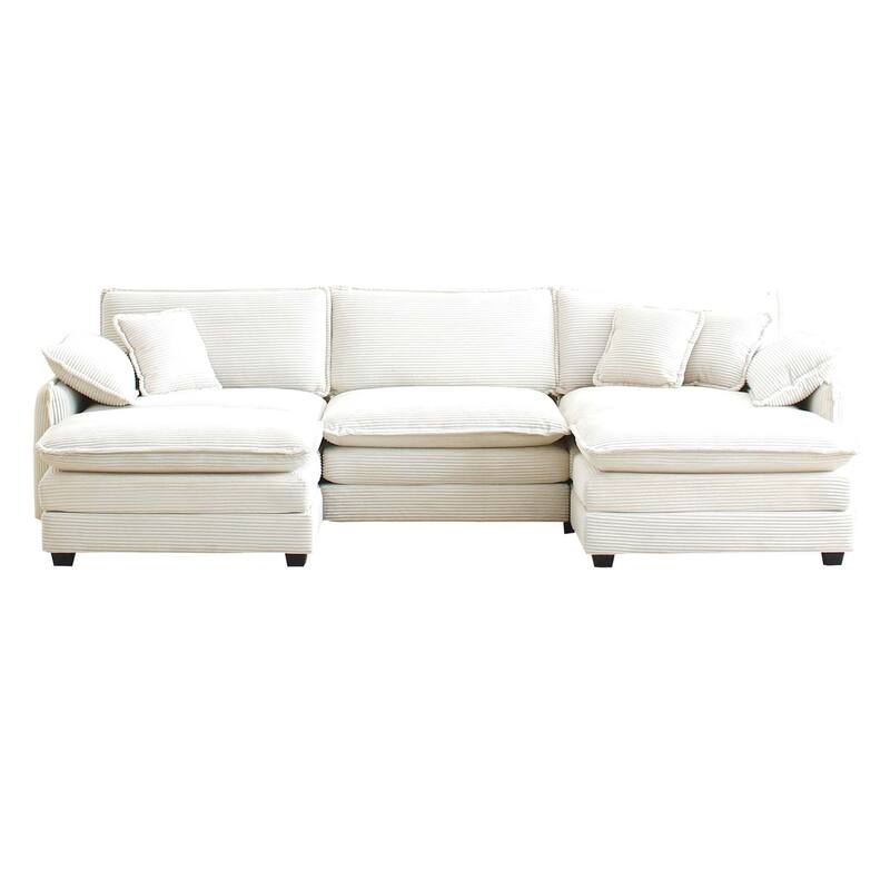 5-piece Corduroy Upholstered U-Shaped Modular Sectional Sofa with 2 Removable Ottoman, 5 Pillows, and Free Combination