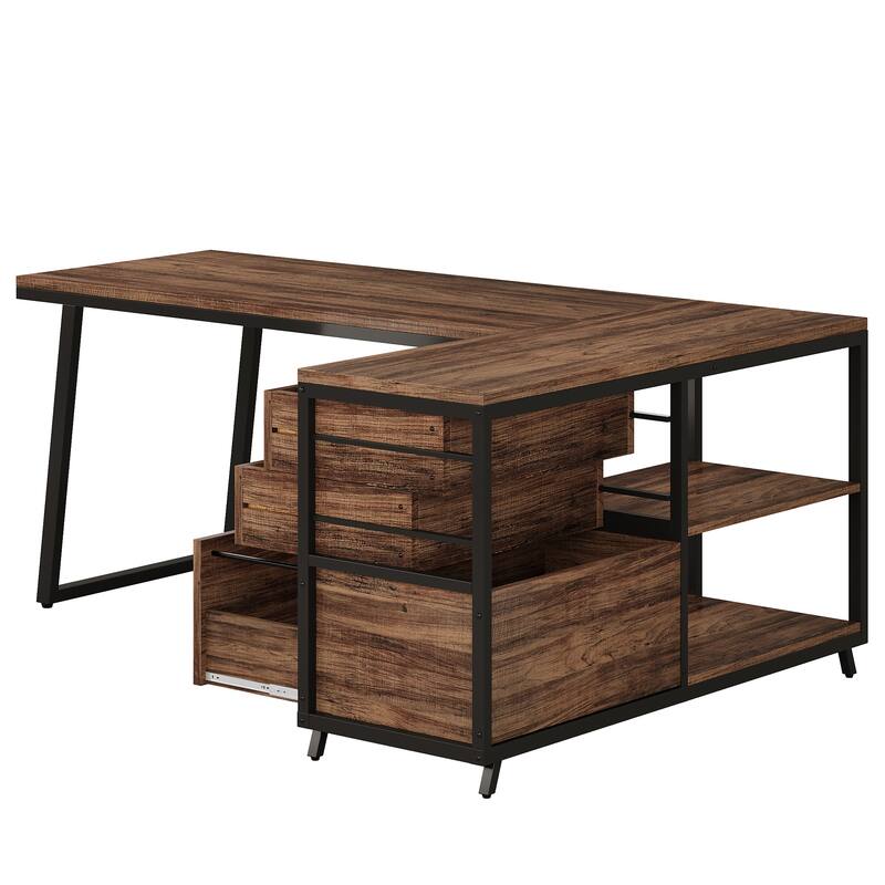 53" Reversible L-Shaped Computer Desk with 3 Drawers and Storage Shelves, Industrial Corner Home Office Desk with File Cabinet