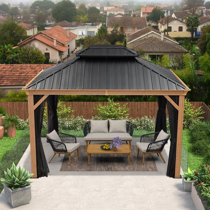 PURPLE LEAF Hardtop Gazebo Galvanized Steel Roof Gazebo Pergola w Wooden Coated Alumninum Frame and Mosquito Net - 10ft x 12ft - Wood Grain