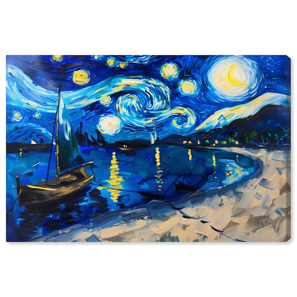 Art Remedy Whimsical Night Sail Gallery Wrapped Impressionism 1 Piece Canvas Wall Art /Monet And Van Gogh Inspired Art