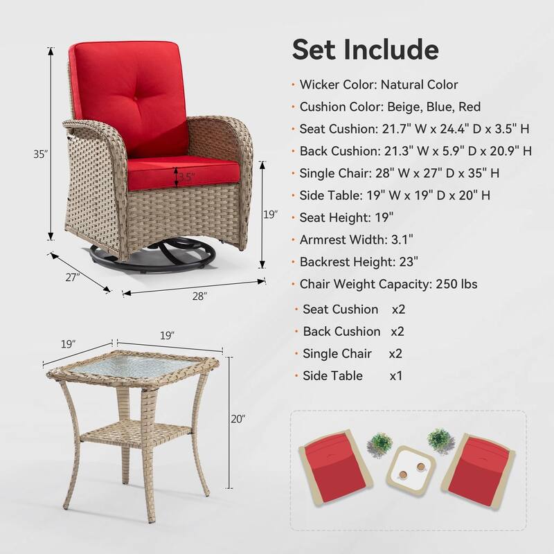 Cozywor 3-Piece Wicker Patio Swivel Outdoor Rocking Chair Conversation Set