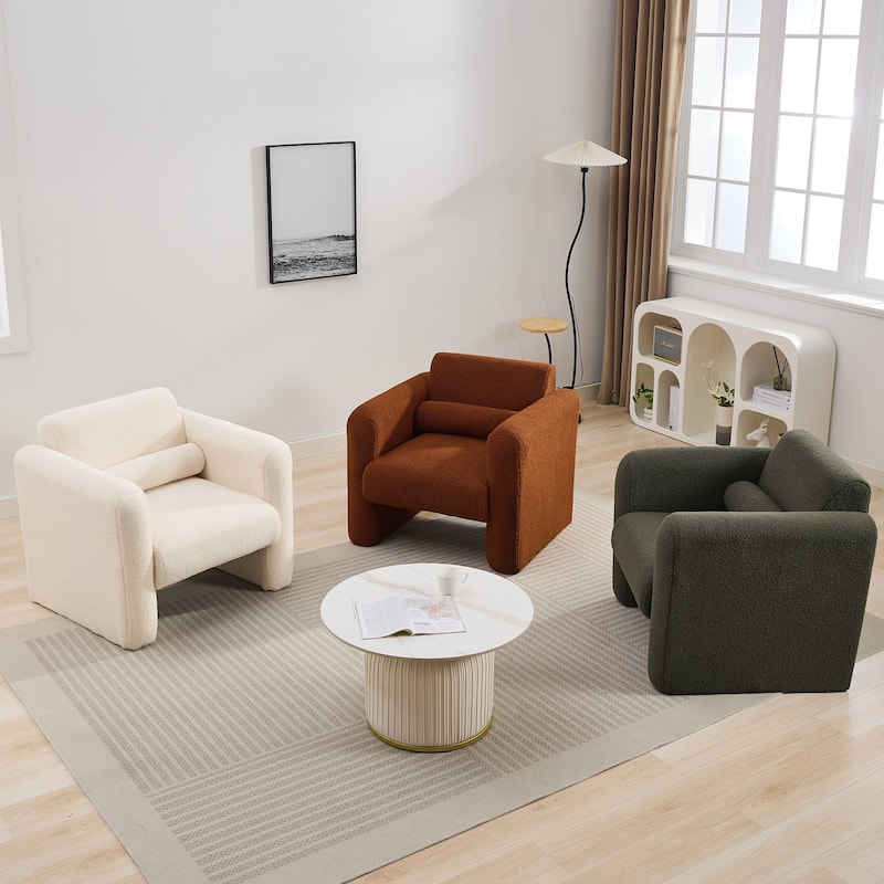Roomfitters Modern Accent Chair, Lambskin Sherpa Fabric Upholstered Comfy Reading Armchair with Back and Pillow for Living Room