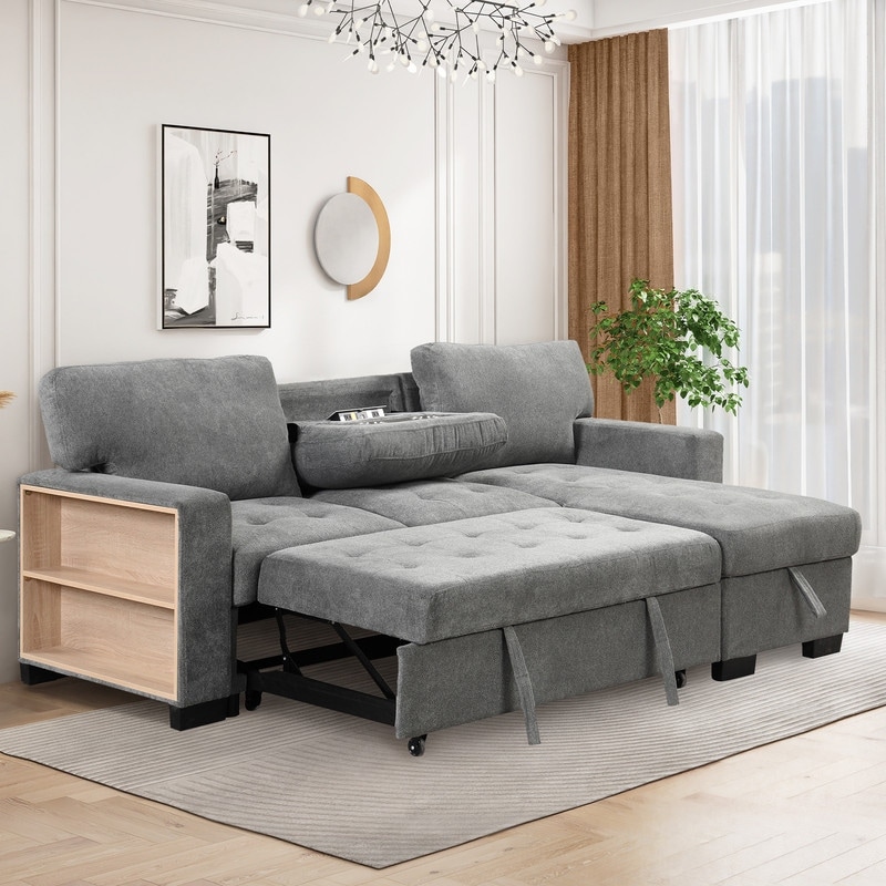 Upholstery Sleeper Sectional Sofa with Storage and 2 Cup Holder, Modern ...