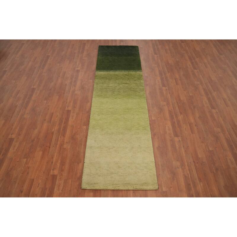 Hand Knotted Oriental 100% Wool Carpet Modern Modern Green Gabbeh Runner Rug - 9' 10'' X 2' 8''
