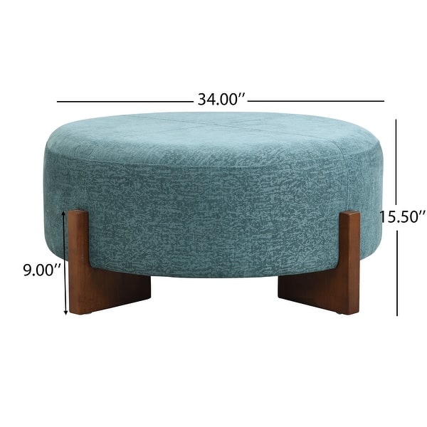 dimension image slide 1 of 3, Christopher Knight Home - 34" Round Tufted Upholstered Cocktail Ottoman, Leather Coffee Table with Solid Wood Legs