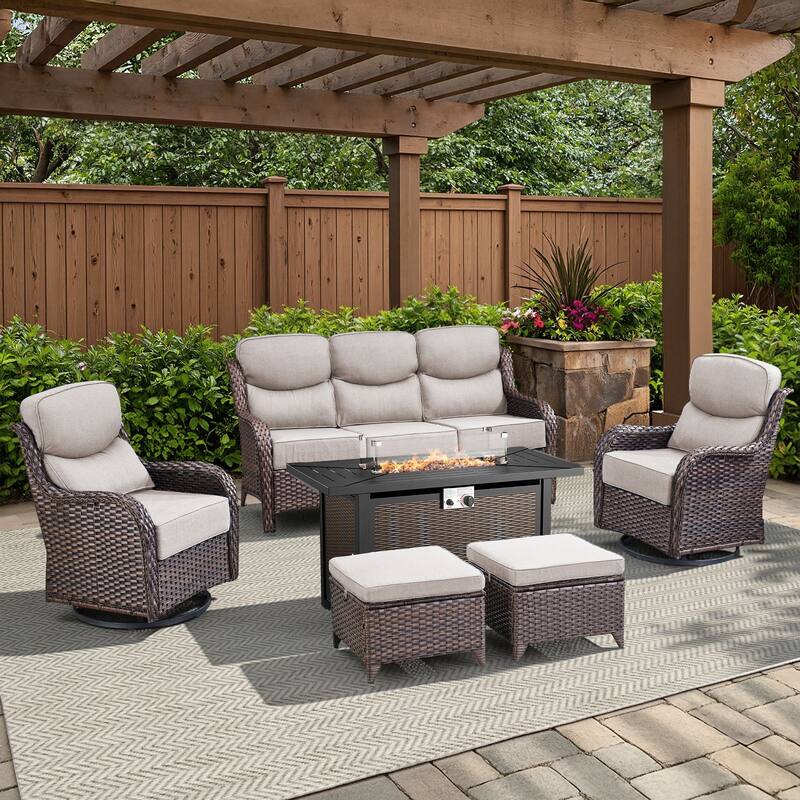Arcadia 6-Piece PE Wicker Patio Seating Set with Durable All-Iron Fire Pit and 6-Inch Cushions - Beige Cushions - Brown Wicker