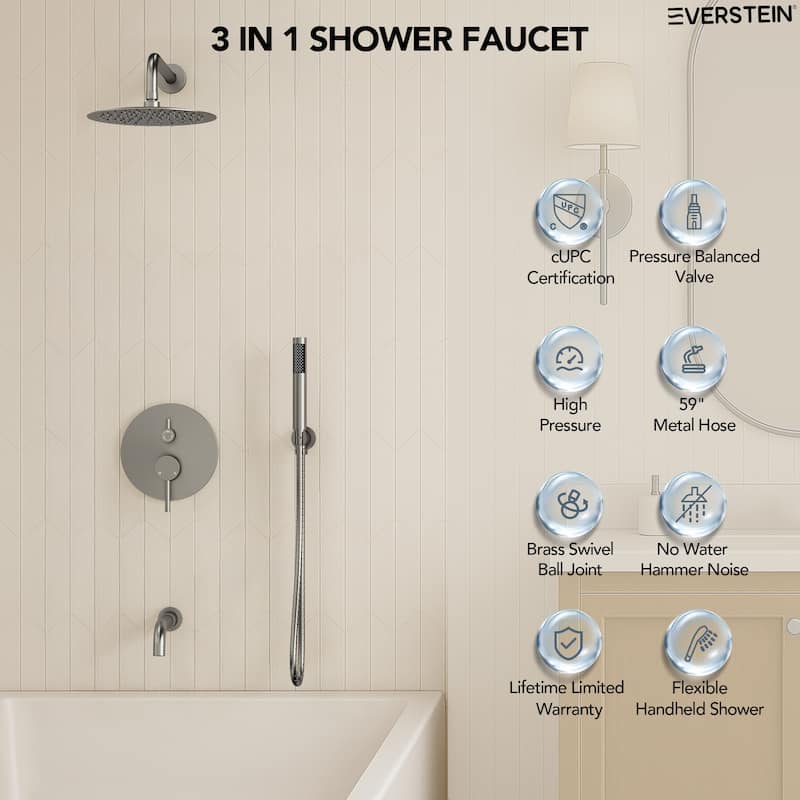 Pressure Balance 3-Functions Shower Head System, 10" Shower Faucet Set with Tub Faucet Spout