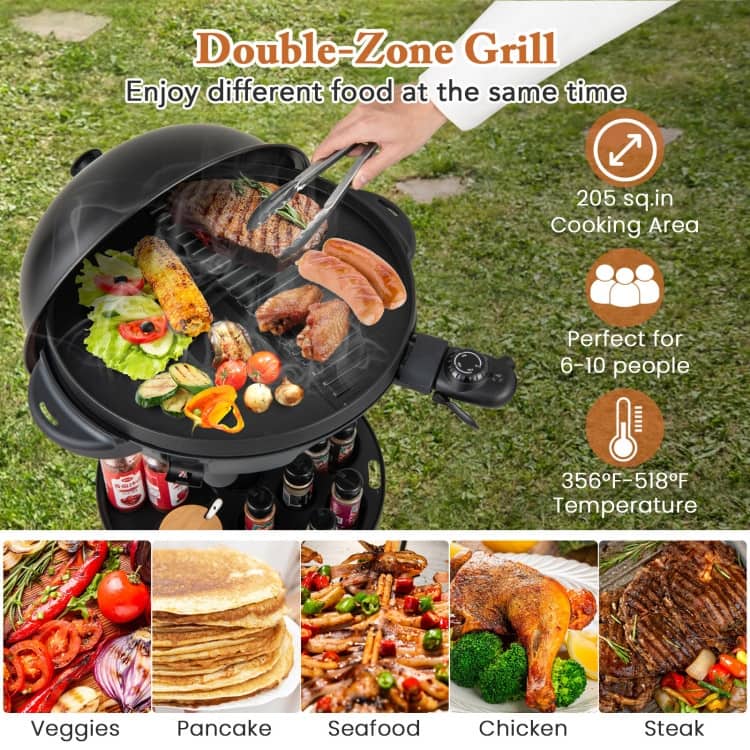 Black Metal Aluminum Electric BBQ Grill with 1200W Power Dual-Zone Cooking, Non-Stick Plate - 25" x 40"