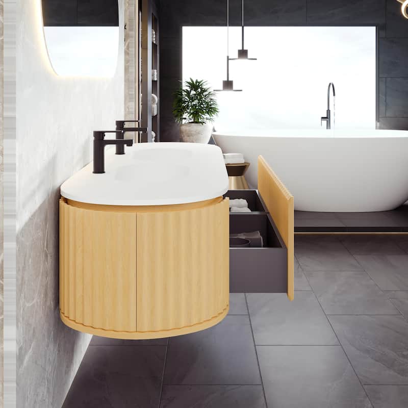Haven 71"W Oak DS Wallmount Bath Vanity with Integrated Sinks