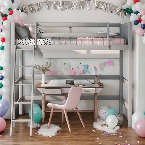 slide 2 of 12, Modern Twin Size Study Loft Bed With Ladder and Solid Wood For Bedroom,Dorm,Kids Grey