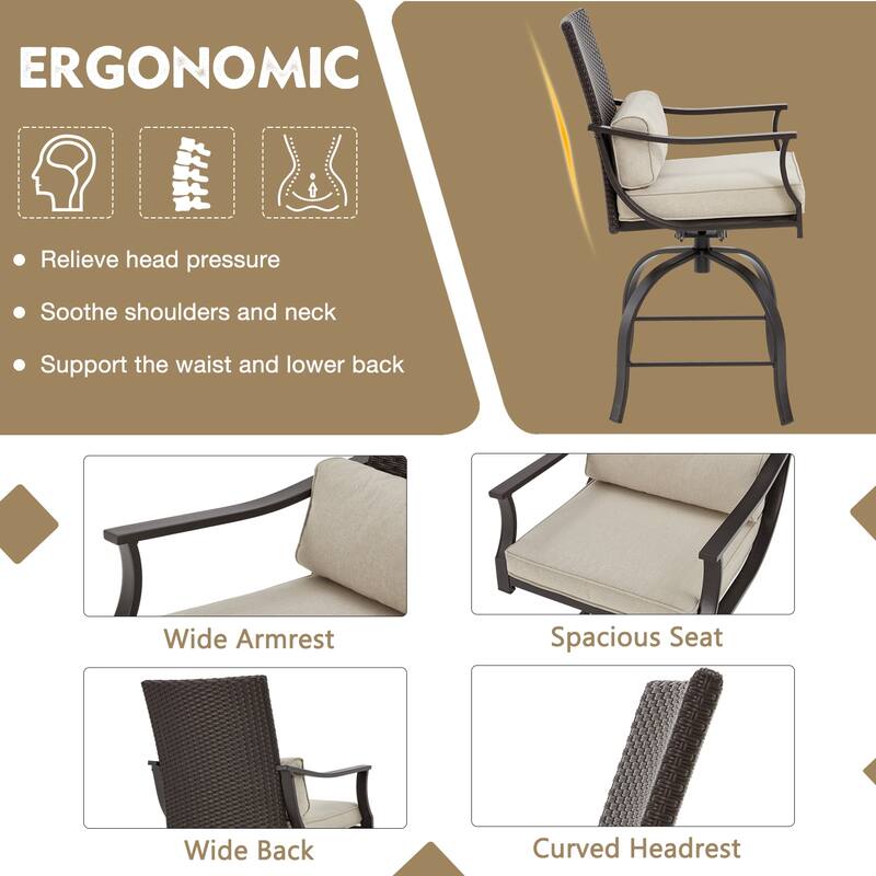 EROMMY Outdoor Bar Set, High Top Patio Table with 2 Swivel Bar Stools, Rattan Bistro Set for Backyard, Poolside, Garden