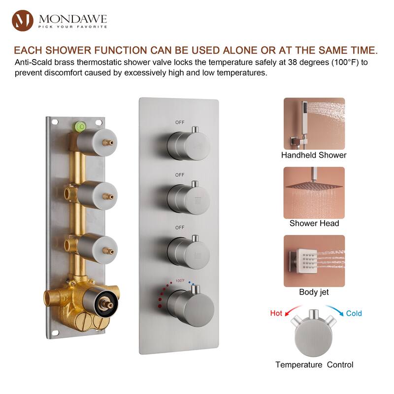 3 Functions Wall Mounted Thermostatic Shower System with Rough-in Valve