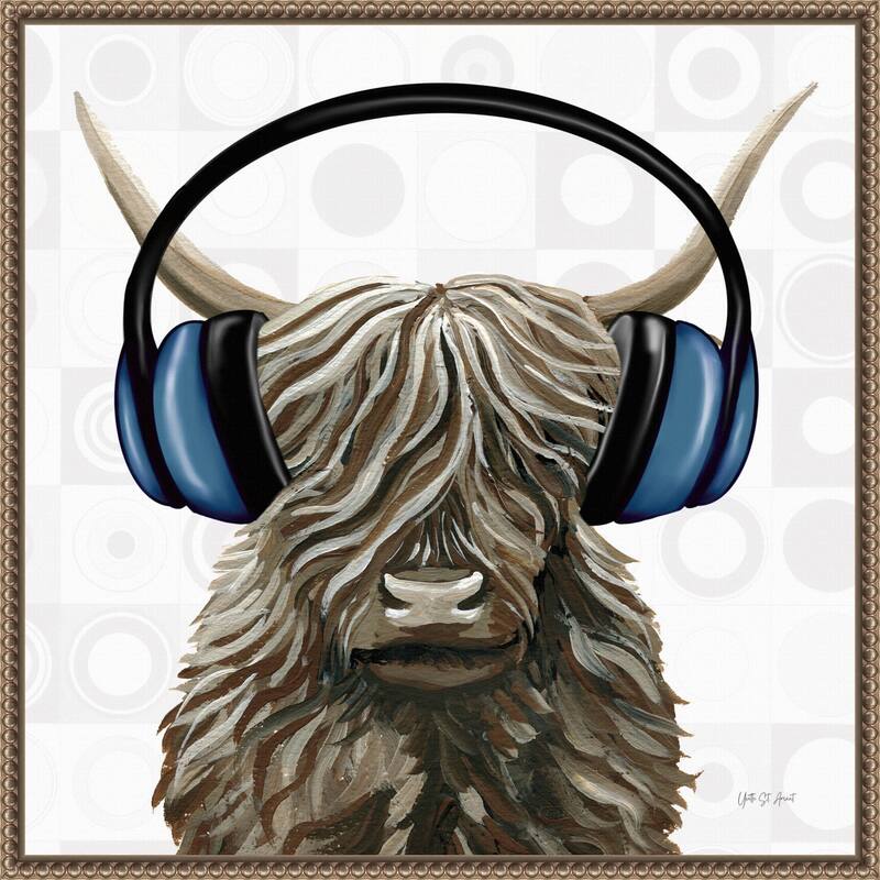 Music Cow Blue Crop by Yvette St. Amant Framed Canvas Wall Art Print - Sylvie Beaded Bronze