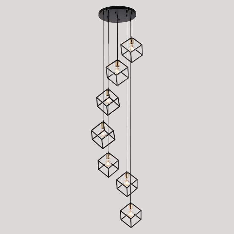 7 - Light Cluster Geometric Staircase Pendant, Adjustable Height Stairway Chandelier
