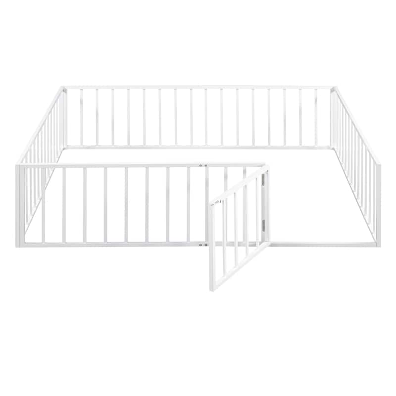 Queen Size Metal Floor Bed Frame with Fence & Door