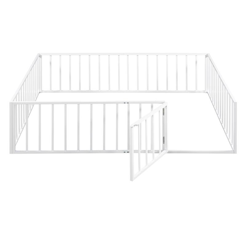 White Queen Size Metal Floor Bed Frame with Fence and Door for Kids