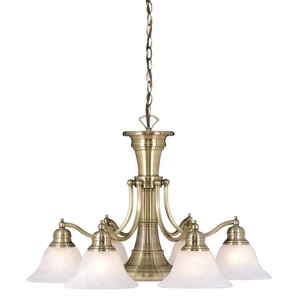slide 2 of 6, Standford 6L Antique Brass Chandelier with Down Light and Switch - 26-in W x 18-in H x 26-in D Antique Brass - 26-in W x 18-in H x 26-in D