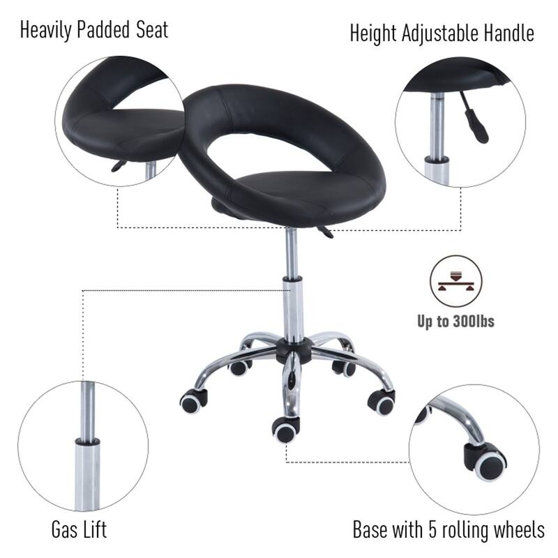 Black Faux Leather Round Ottoman Stool with Adjustable Height and Rolling Casters for Salon Studio and Office Use
