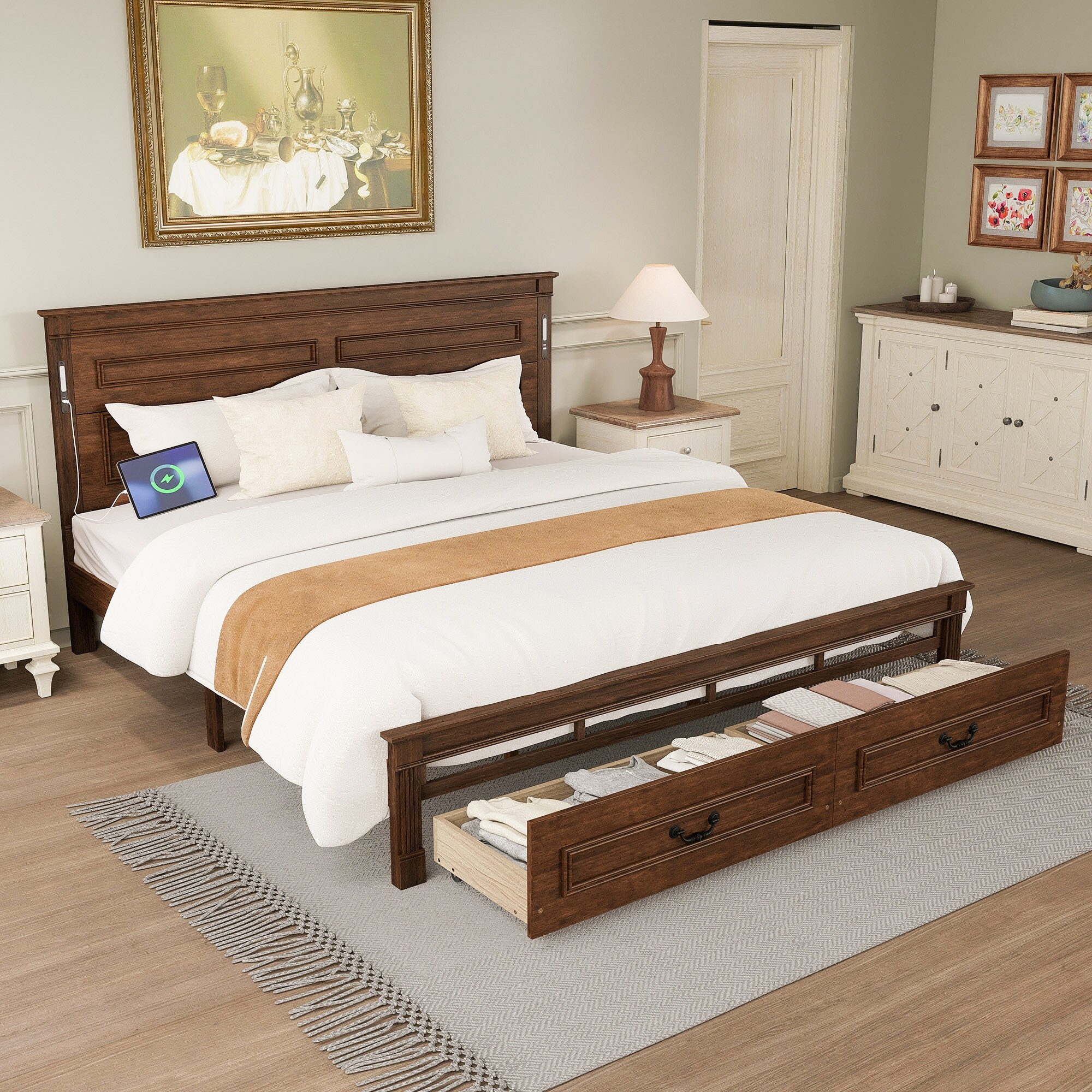 Walnut King Size Platform Bed Frame with Headboard & Built-in LED Lights