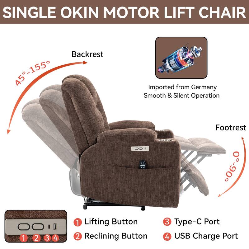 Grey Large Power Lift Recliner with Heat, USB & Cup Holders