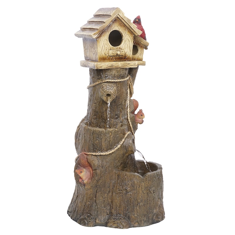 Alpine Corporation ZEN552 24" Outdoor Multitiered Tree & Cardinal Birdhouse Fountain - Rustic Water Feature for Patio & Garden