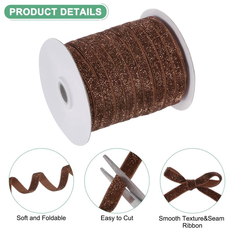 1 Pack Metallic Glitters Velvet Ribbon,3/8"x50 Yards for Gift - Coffee