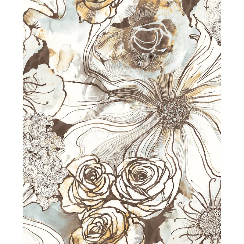 Harry & Grace Ink Rose Peel and Stick Wallpaper - 20.5 in. W x 18 ft. L - Mocha & Blue Mist