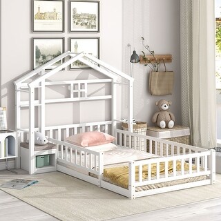 Twin Size House-Style Headboard Floor Bed with Fence Guardrails and Cushion Stand - Stylish and Safe