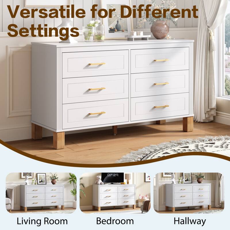 6-Drawer Double Dresser, Modern Storage Cabinet with Metal Handles & Solid Wood Legs